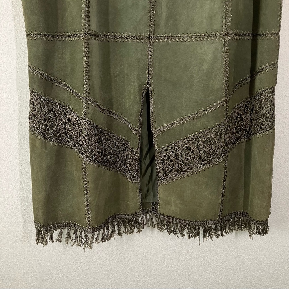 VINTAGE Suede Jacket & Skirt Set Crochet Western Cowgirl Boho Olive Green 2X - Picture 14 of 16